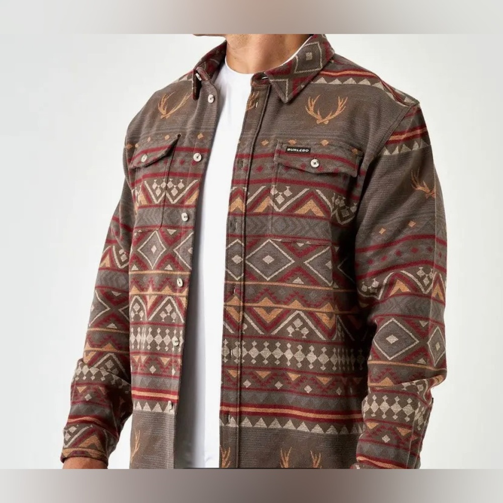 Burlebo Men’s Midweight Flannel White Tail Deer Aztec Long Sleeve Twill - Picture 2 of 6